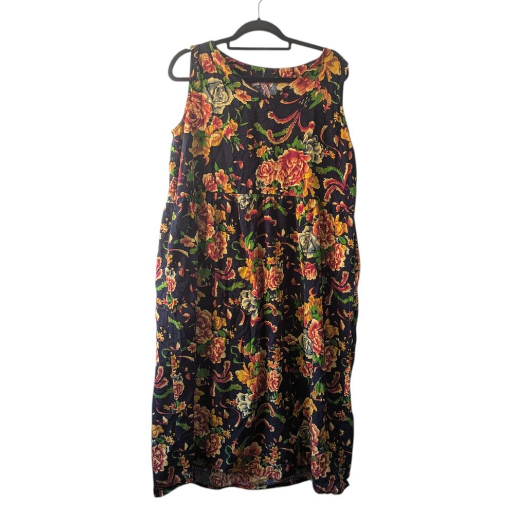 Floral Black Red Yellow Green Midi Dress Size XL